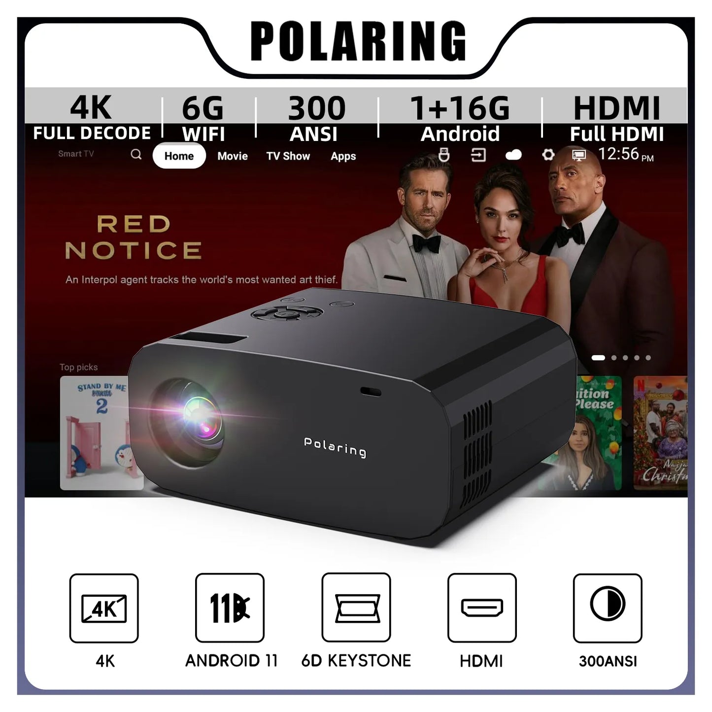 Projecteur Polaring P7 Pro 1G+16G 1080P Android 4K - Dual 6G Wi-Fi & Bluetooth